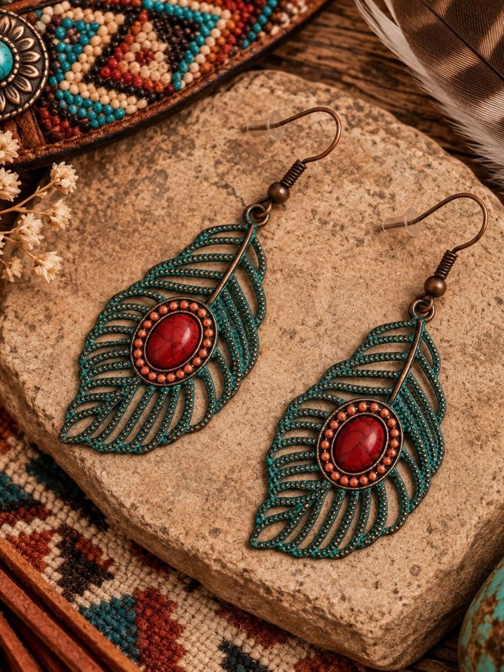 Boho Indigenous Inspired Turquoise Leaf Earrings with Red Stone - New